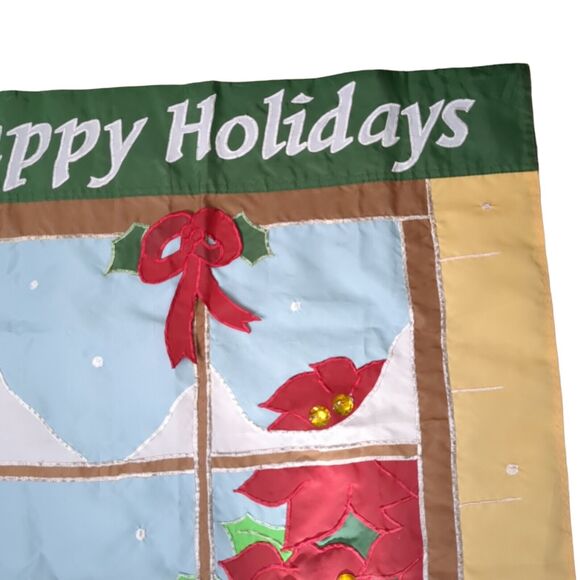 Embroidered Happy Holidays Flag Double Side 29.5"x43.5" Winter Window Snow Holly - Picture 6 of 13